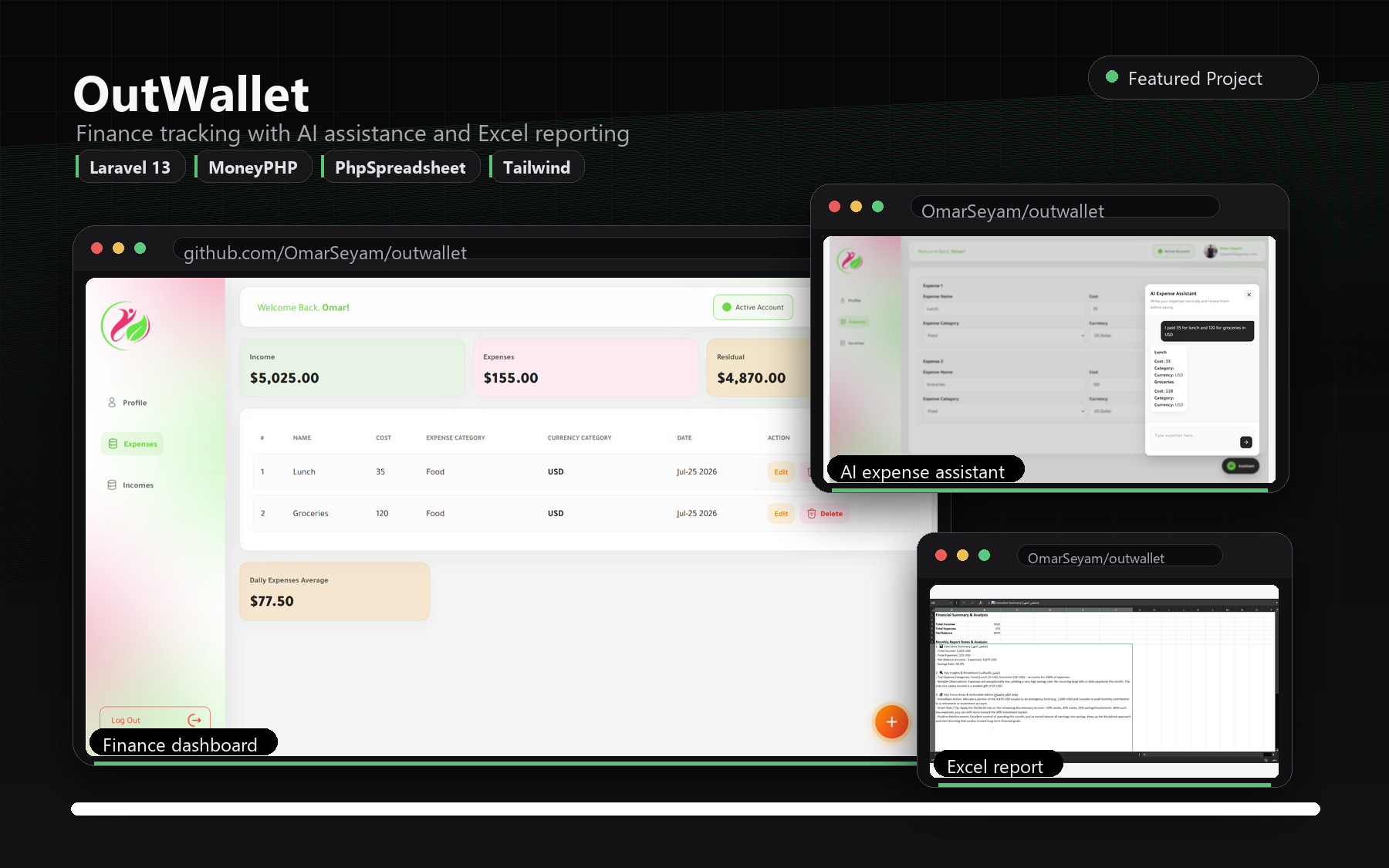 OutWallet project mockup showing finance dashboard, AI expense assistant, and Excel report screens