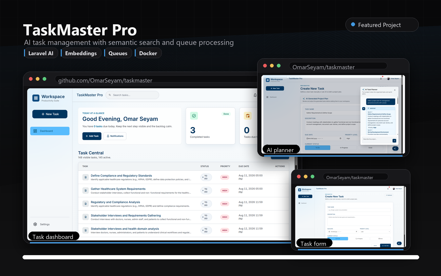 TaskMaster Pro project mockup showing task dashboard, AI planner, and task form screens